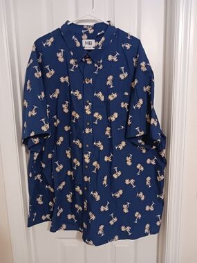 5 For$25! Men's Short Sleeve Navy Blue Palm-Print Button-Down Shirt 3XL
